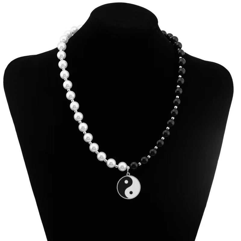 Yin Yang Tai Chi Gossip Pendant Necklace Black And White String Of Pearls