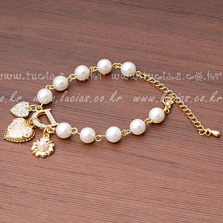 Korean   Heart Flower Bracelet   Diamond D Letter Pearl Bracelet