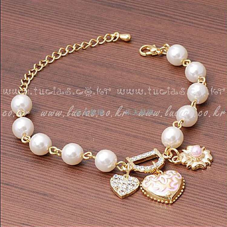 Korean   Heart Flower Bracelet   Diamond D Letter Pearl Bracelet