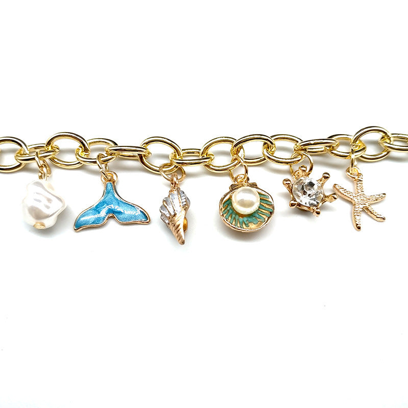 Ocean Fan Shellfish Starfish Pearl Fishtail Charm Bracelet