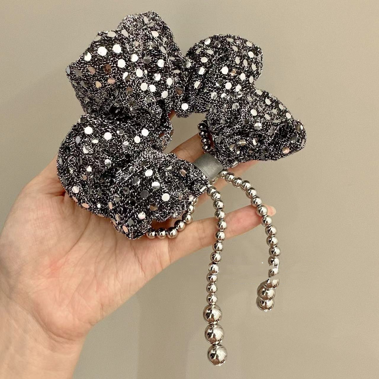 Bow Large Intestine Hair Band Silver Dots Retro