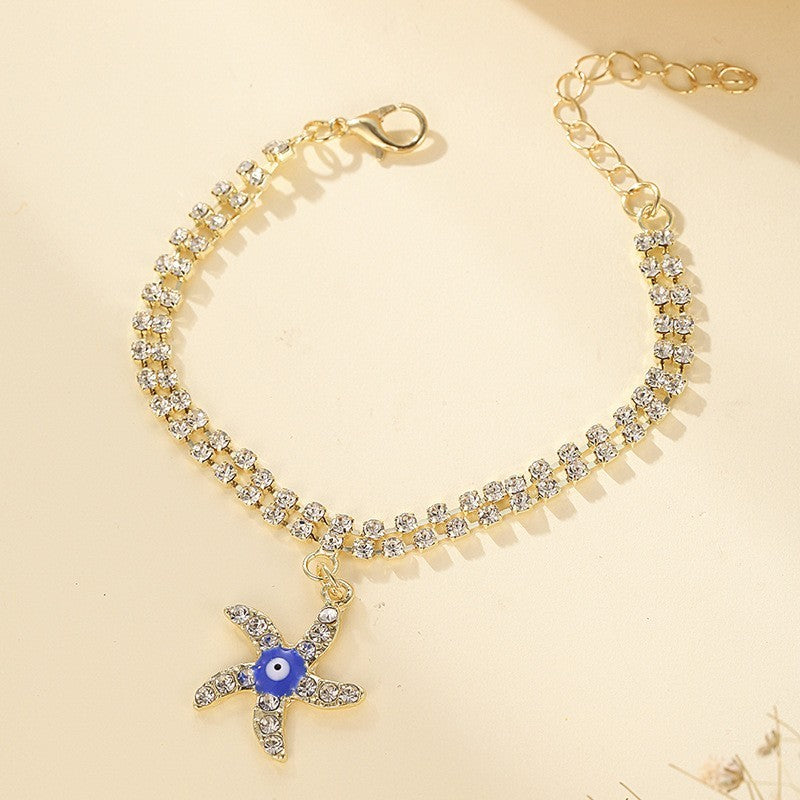 Devil Blue Eye Bracelet Palm Sea Star Evil Eye Full Diamond Double Layer Bracelet