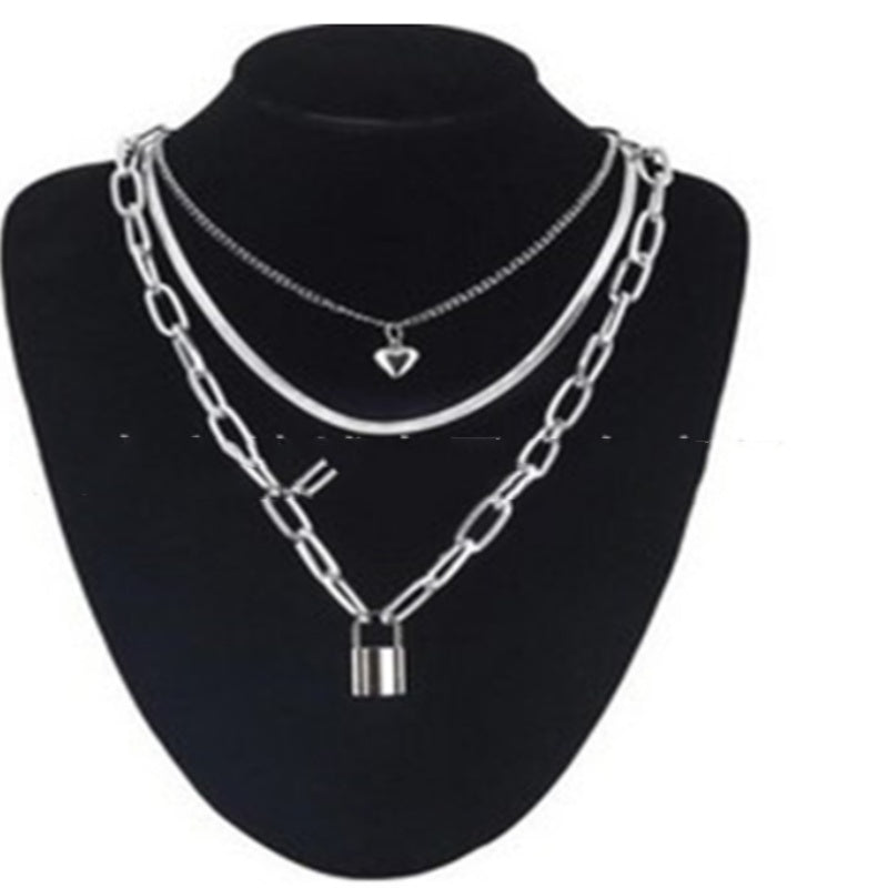 Multi-layer Metal Chain Can  Peach Heart Lock Necklaces