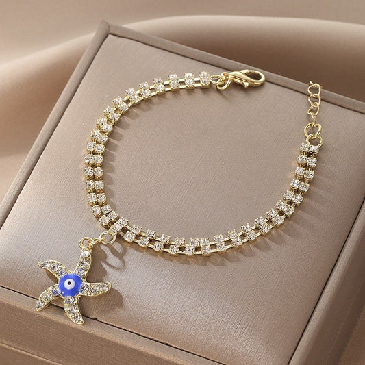 Devil Blue Eye Bracelet Palm Sea Star Evil Eye Full Diamond Double Layer Bracelet