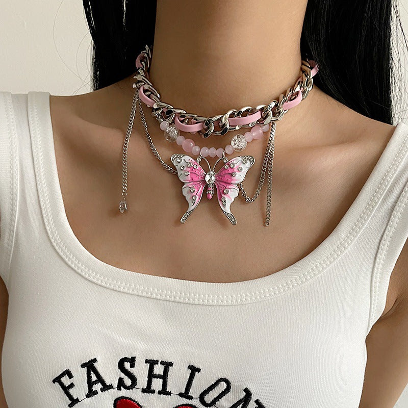 Heavy Industry Pink Butterfly Woven Necklace