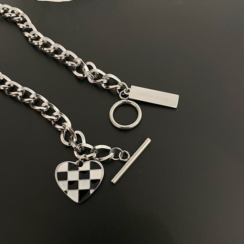 Sweet Cool Chessboard Lattice Love Titanium Steel Necklace