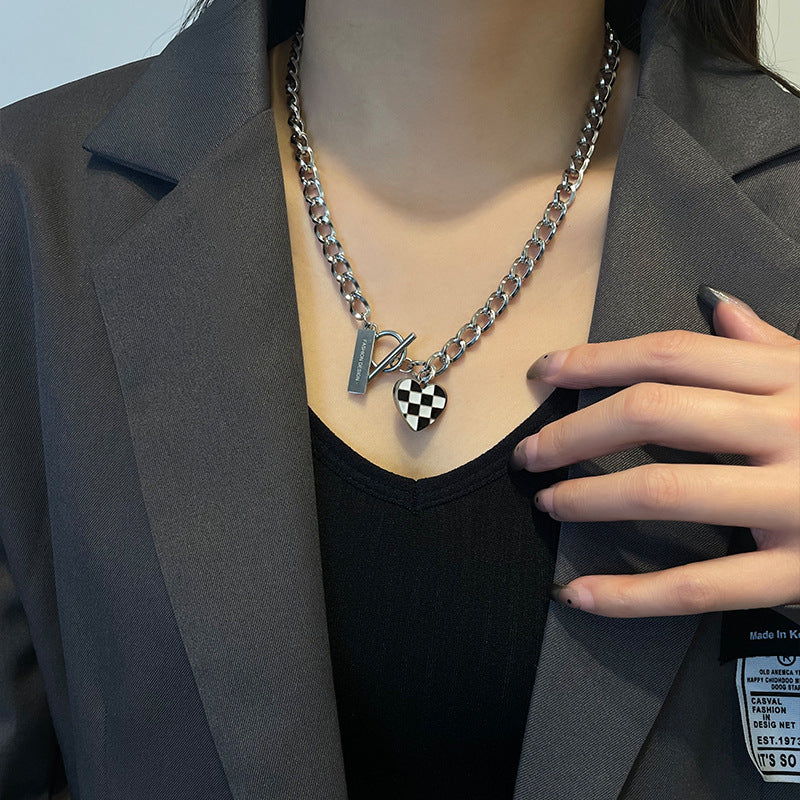 Sweet Cool Chessboard Lattice Love Titanium Steel Necklace