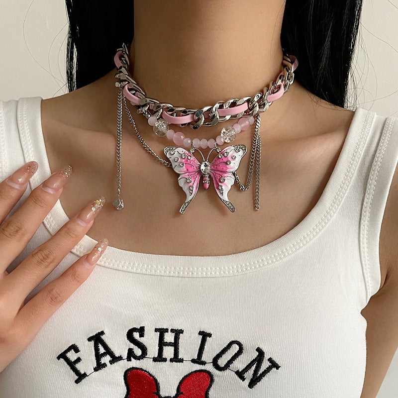 Heavy Industry Pink Butterfly Woven Necklace