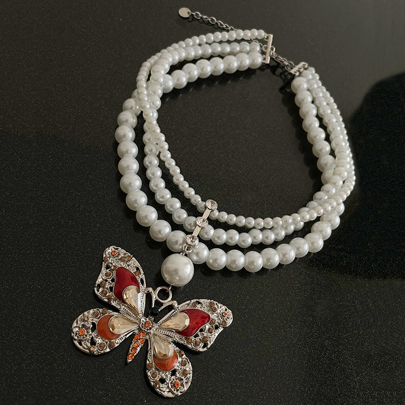 French Multi-layer Pearl Red Butterfly Necklace