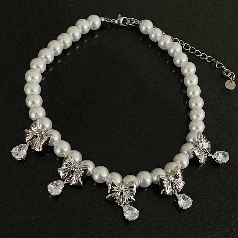 Bow Pearl Zircon Necklace