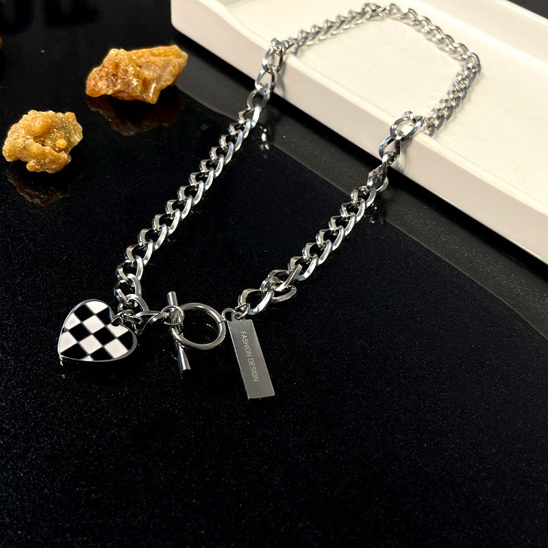 Sweet Cool Chessboard Lattice Love Titanium Steel Necklace