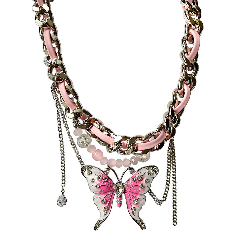 Heavy Industry Pink Butterfly Woven Necklace