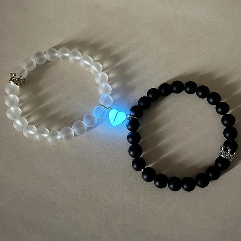 2pcs Handmade Crown Beaded Charms Bracelet Luminous Heart Glow In The Dark Couple Bracelet