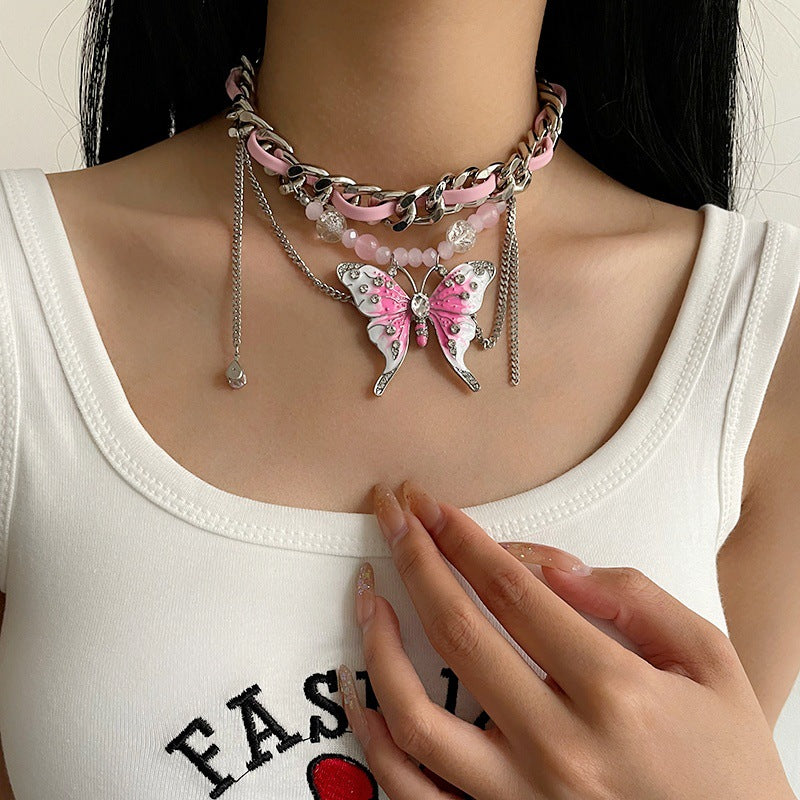 Heavy Industry Pink Butterfly Woven Necklace