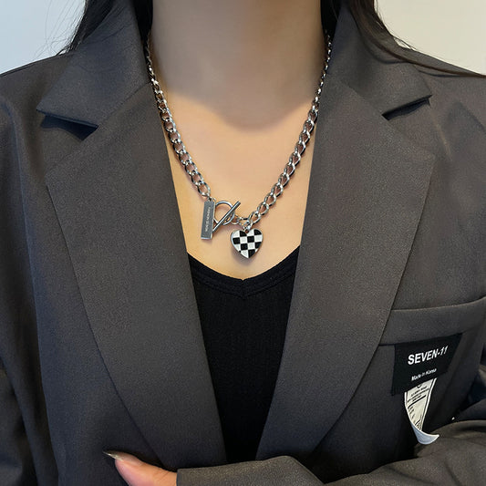 Sweet Cool Chessboard Lattice Love Titanium Steel Necklace