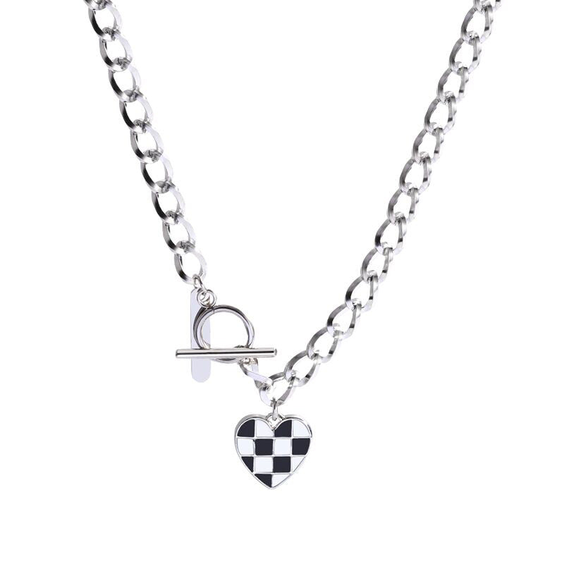 Sweet Cool Chessboard Lattice Love Titanium Steel Necklace