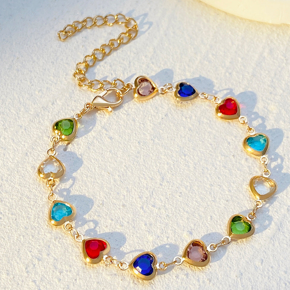 Colored Loving Heart Zircon Bracelet