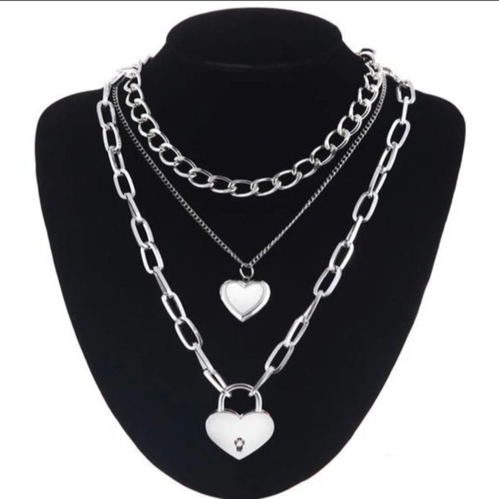 Multi-layer Metal Chain Can  Peach Heart Lock Necklaces