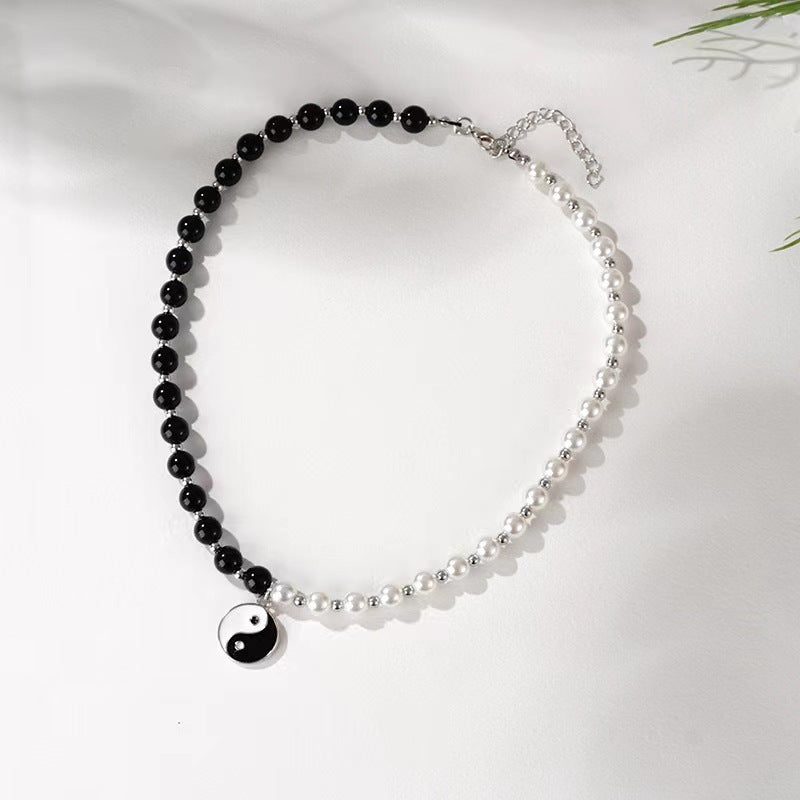 Yin Yang Tai Chi Gossip Pendant Necklace Black And White String Of Pearls