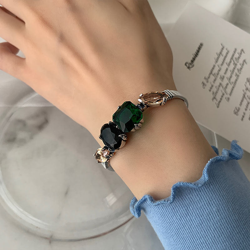 Silver Geometric Green Crystal Bracelet