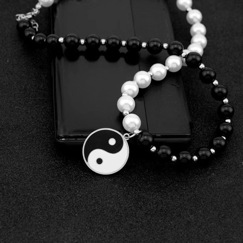 Yin Yang Tai Chi Gossip Pendant Necklace Black And White String Of Pearls