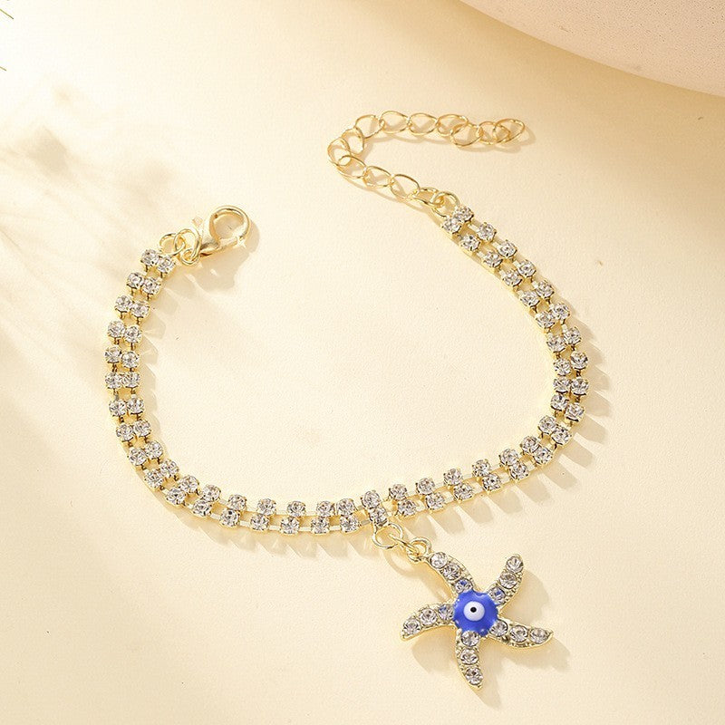 Devil Blue Eye Bracelet Palm Sea Star Evil Eye Full Diamond Double Layer Bracelet