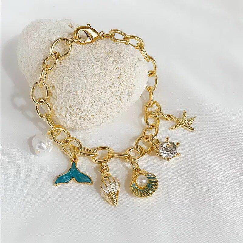 Ocean Fan Shellfish Starfish Pearl Fishtail Charm Bracelet