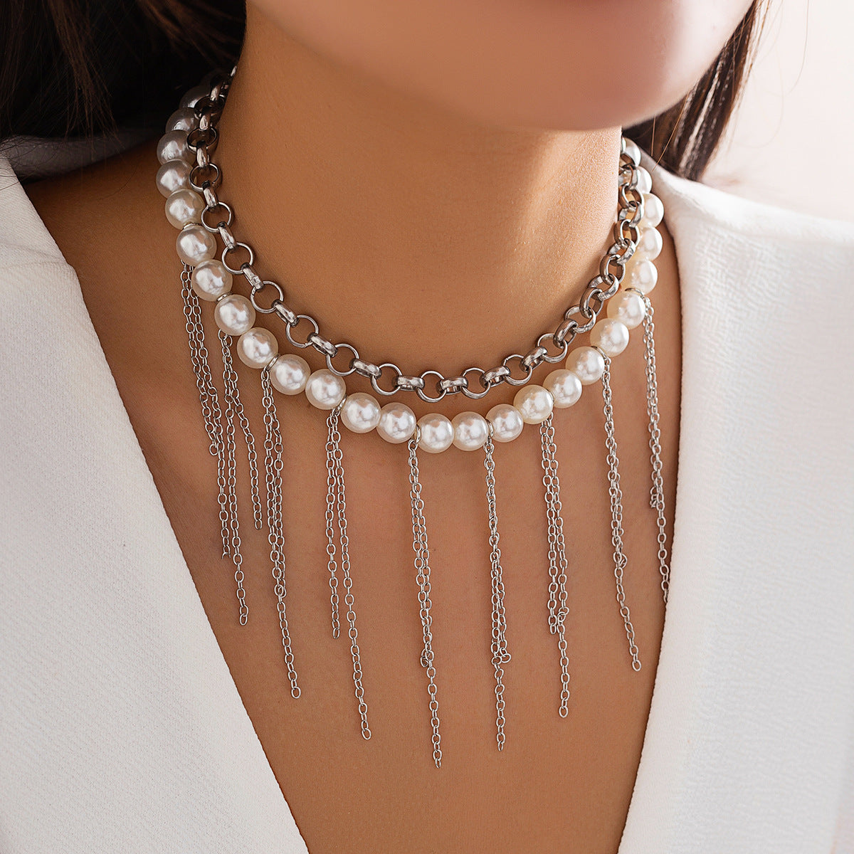 Pearl Tassel Fun Design Double-layer Retro Necklace