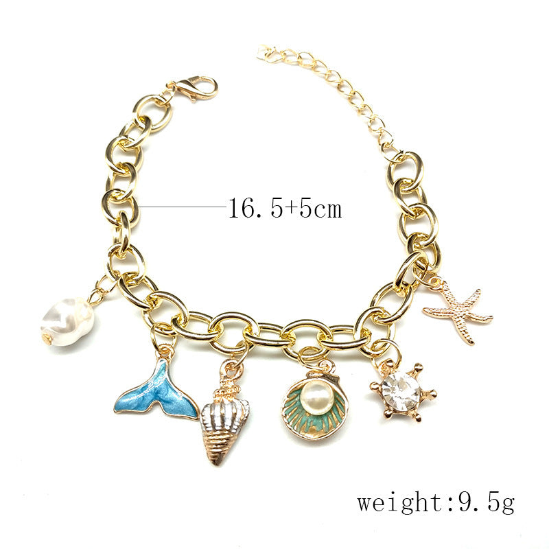 Ocean Fan Shellfish Starfish Pearl Fishtail Charm Bracelet