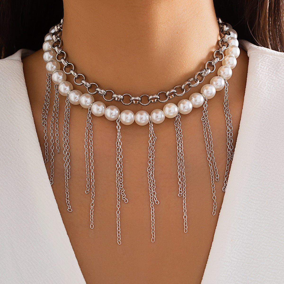 Pearl Tassel Fun Design Double-layer Retro Necklace