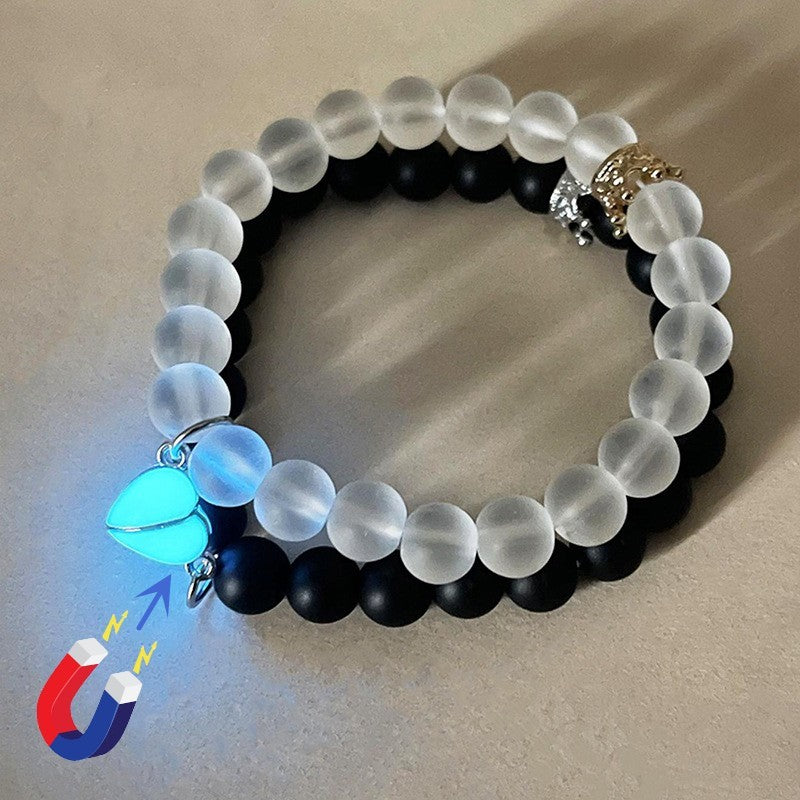 2pcs Handmade Crown Beaded Charms Bracelet Luminous Heart Glow In The Dark Couple Bracelet