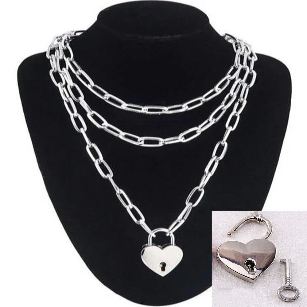 Multi-layer Metal Chain Can  Peach Heart Lock Necklaces